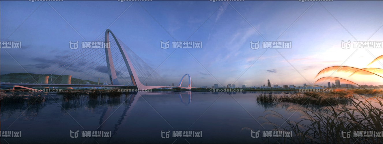 現(xiàn)代橋梁CG場(chǎng)景中的自然韻律 大橋、蘆葦與水面